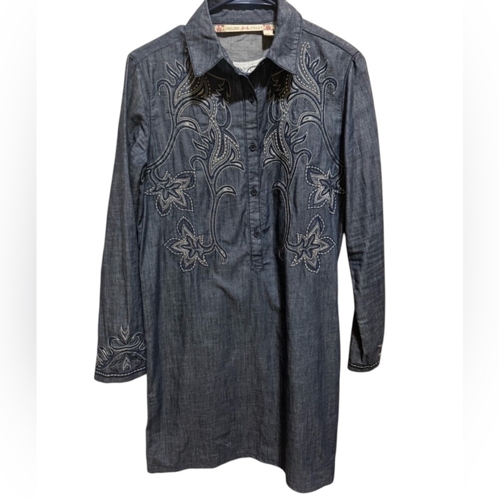 Chelsea & Violet Blue Denim Western Stitched Festival Embroidered Dress Sz S